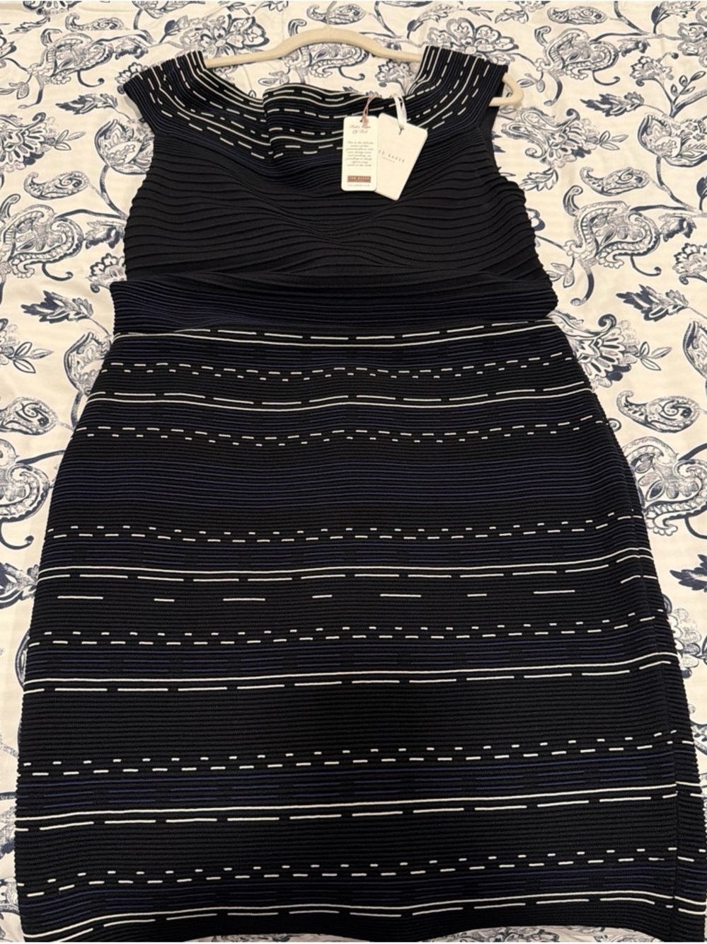 Ted Baker Navy and White Striped Textured Sheath Dress